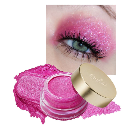 Oulac front view pot showing hot pink shade and packaging benefit long wear