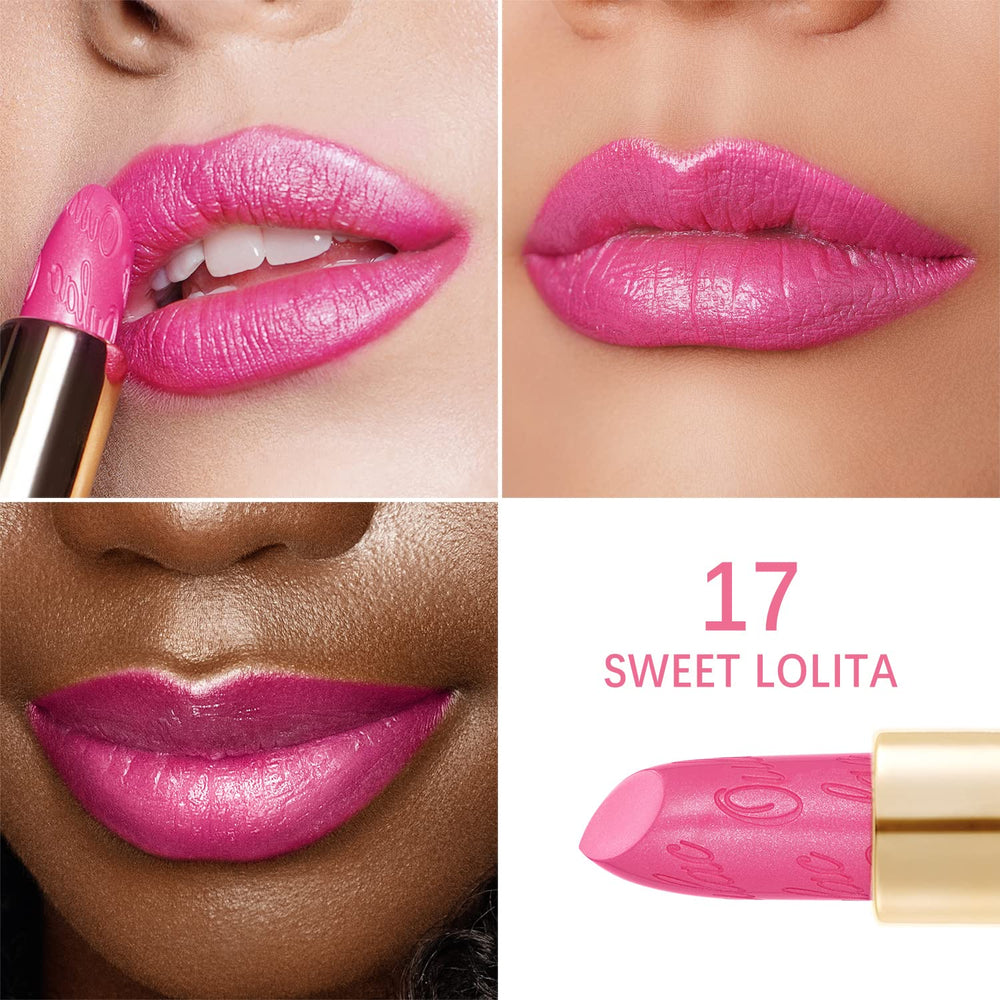 Oulac on model lips demonstrating high-impact metallic shine and wear