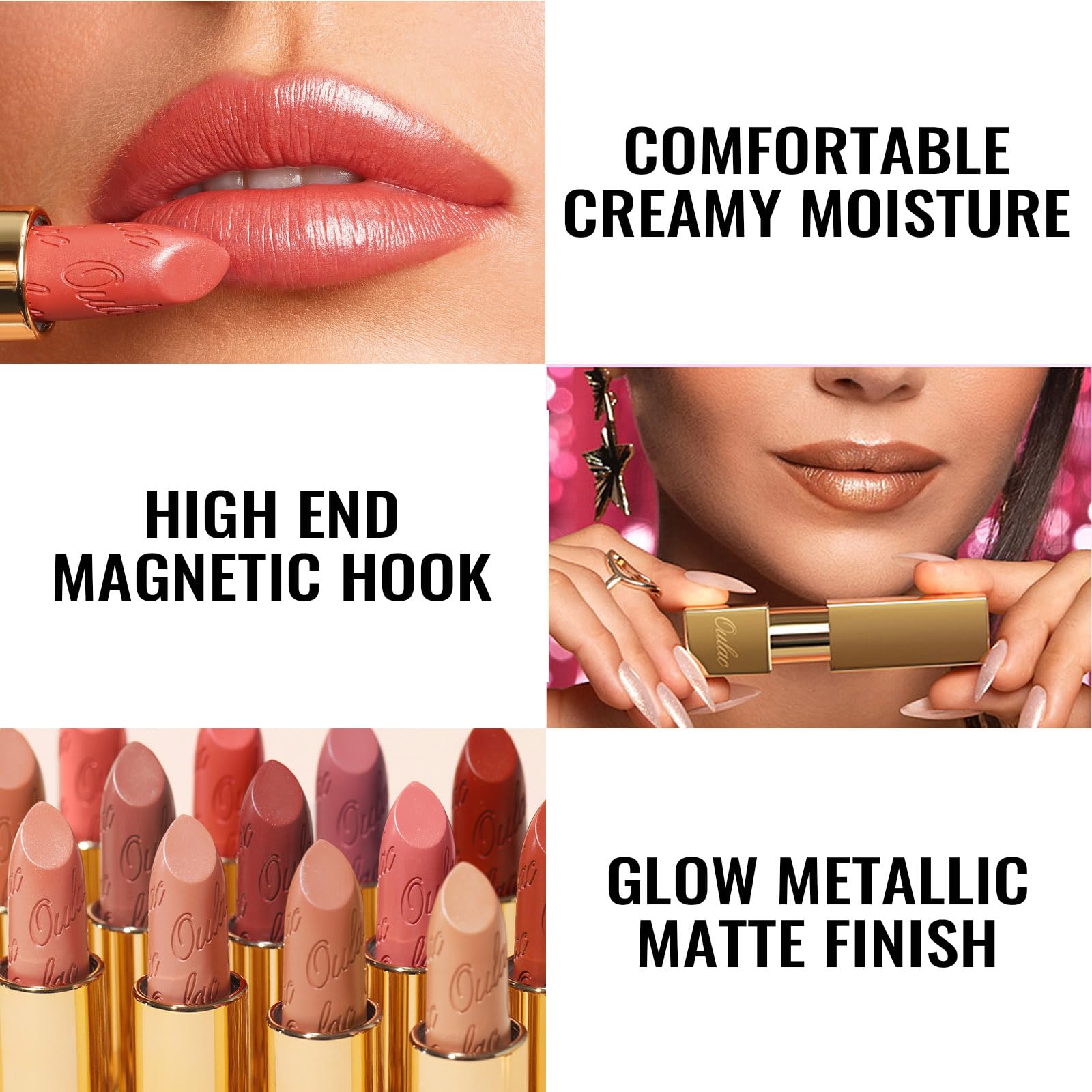 Oulac applied on model lips showcasing mauve pink glow and flattering finish