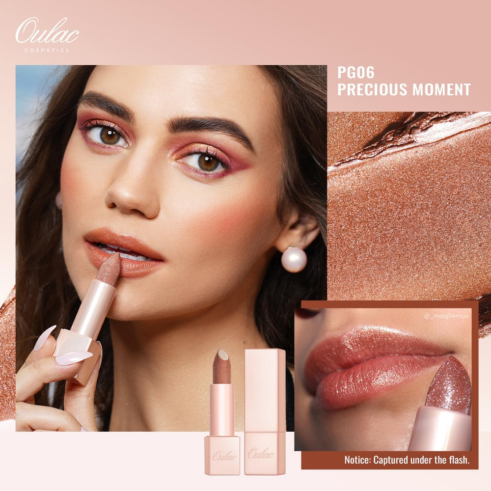 Oulac lip swatch on arm showing Precious Moment nude brown and natural enhancement