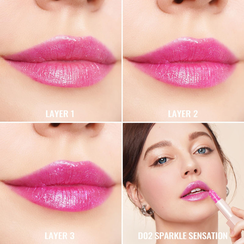 Oulac applied on lips studio shot shows pink sparkle providing luminous, hydrated look benefit