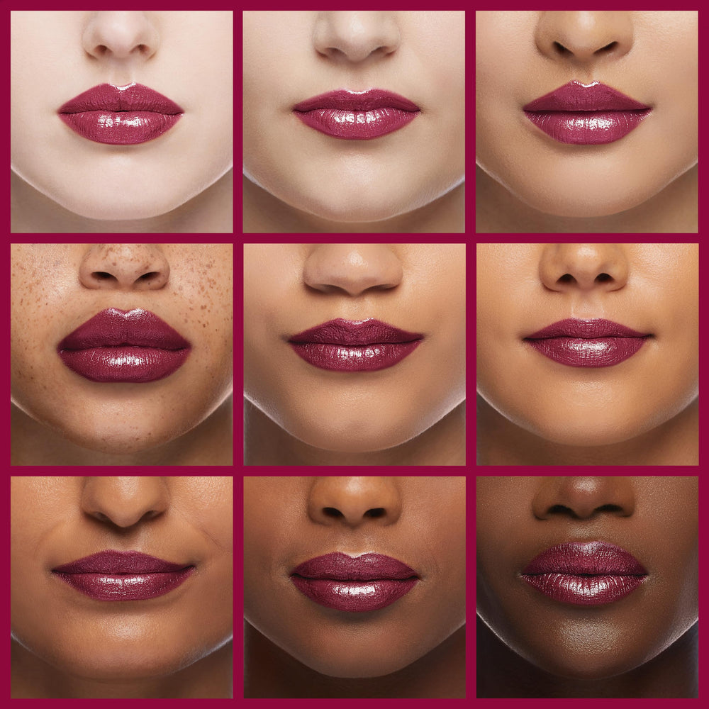 Oulac lipstick applied on lips showing full-coverage metallic purple benefit bold color payoff