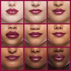 Oulac lipstick applied on lips showing full-coverage metallic purple benefit bold color payoff