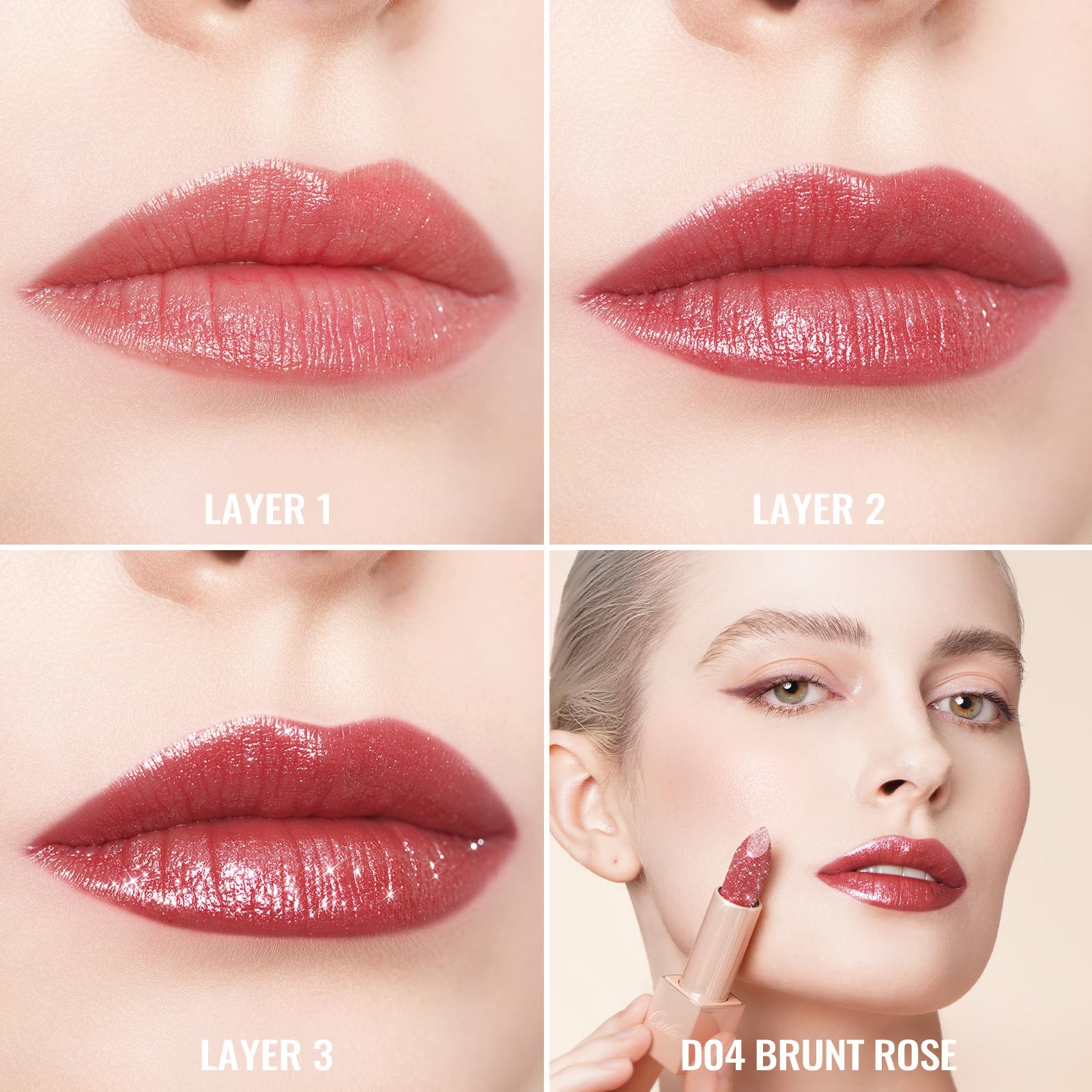 Oulac lipstick worn by model in natural light illustrating glossy wearable finish