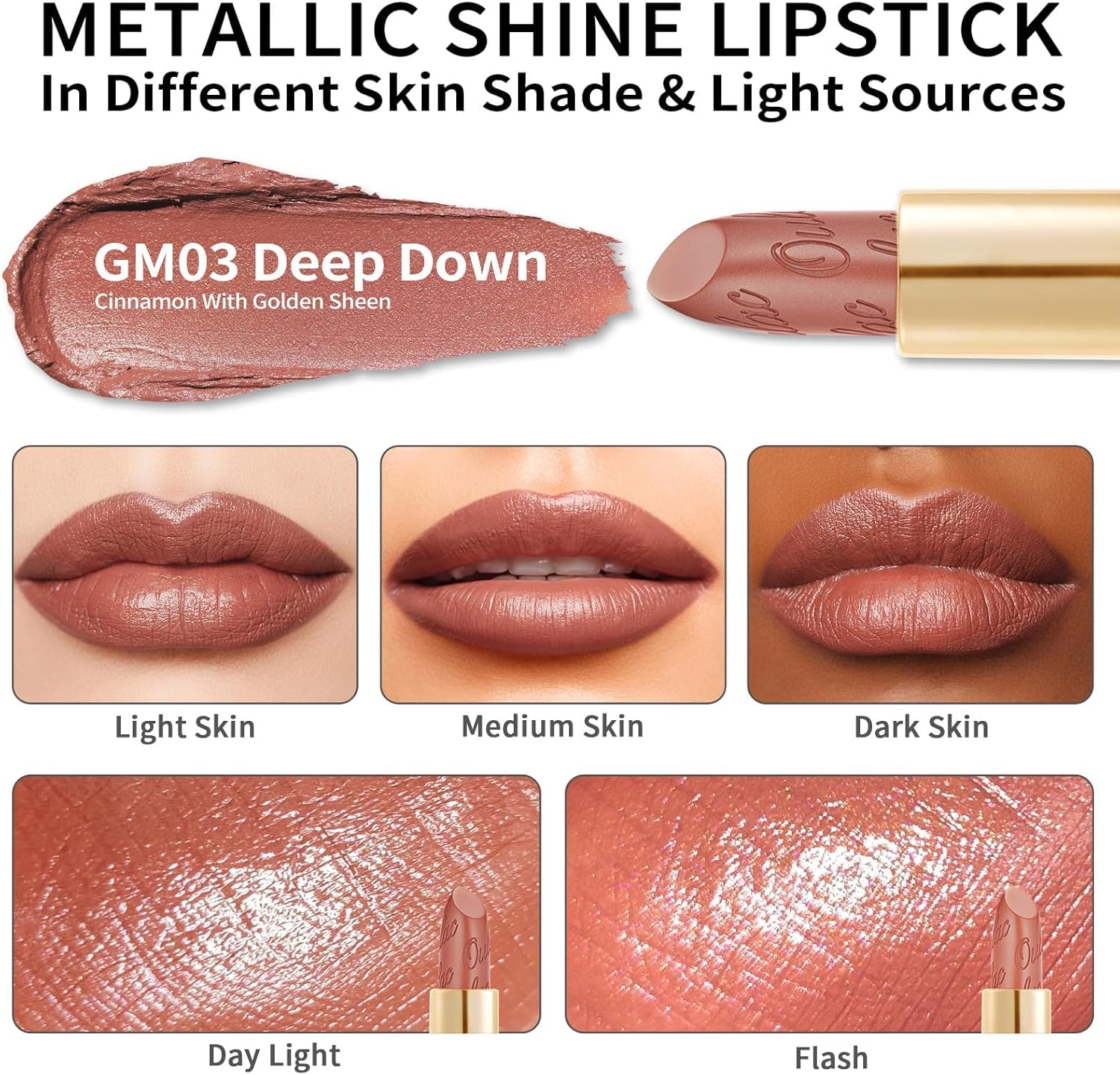Oulac lipstick applied on model in warm cinnamon offering flattering color