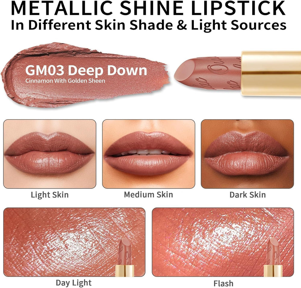 Oulac lipstick applied on model in warm cinnamon offering flattering color