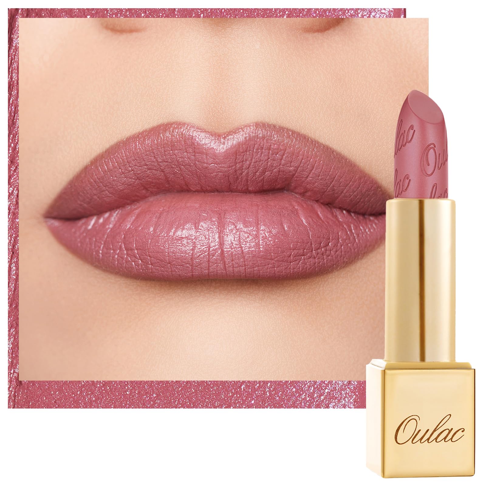 Oulac front shot showing mauve pink lipstick and elegant tube, polished presentation