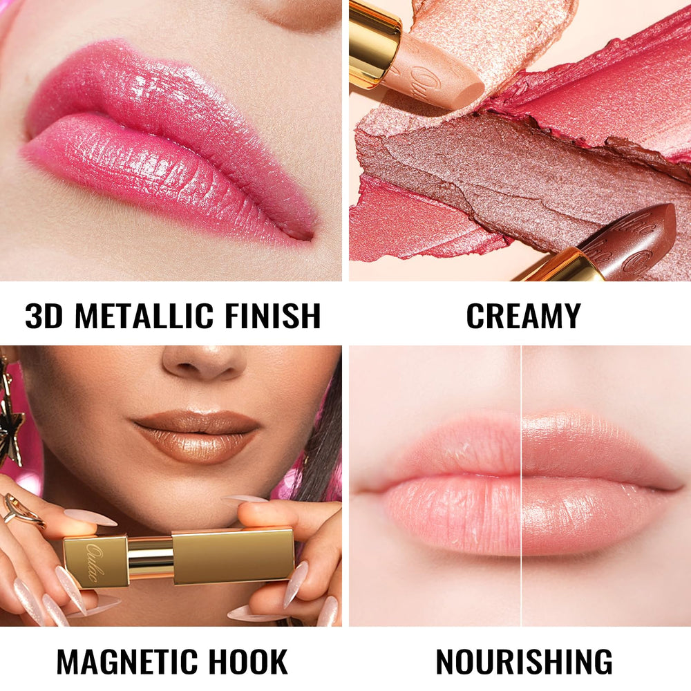 Oulac open lipstick bullet Cherry Bomb revealing glossy metallic tip