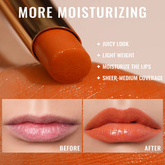Oulac orange lip application closeup showing vivid sheen and hydrated look