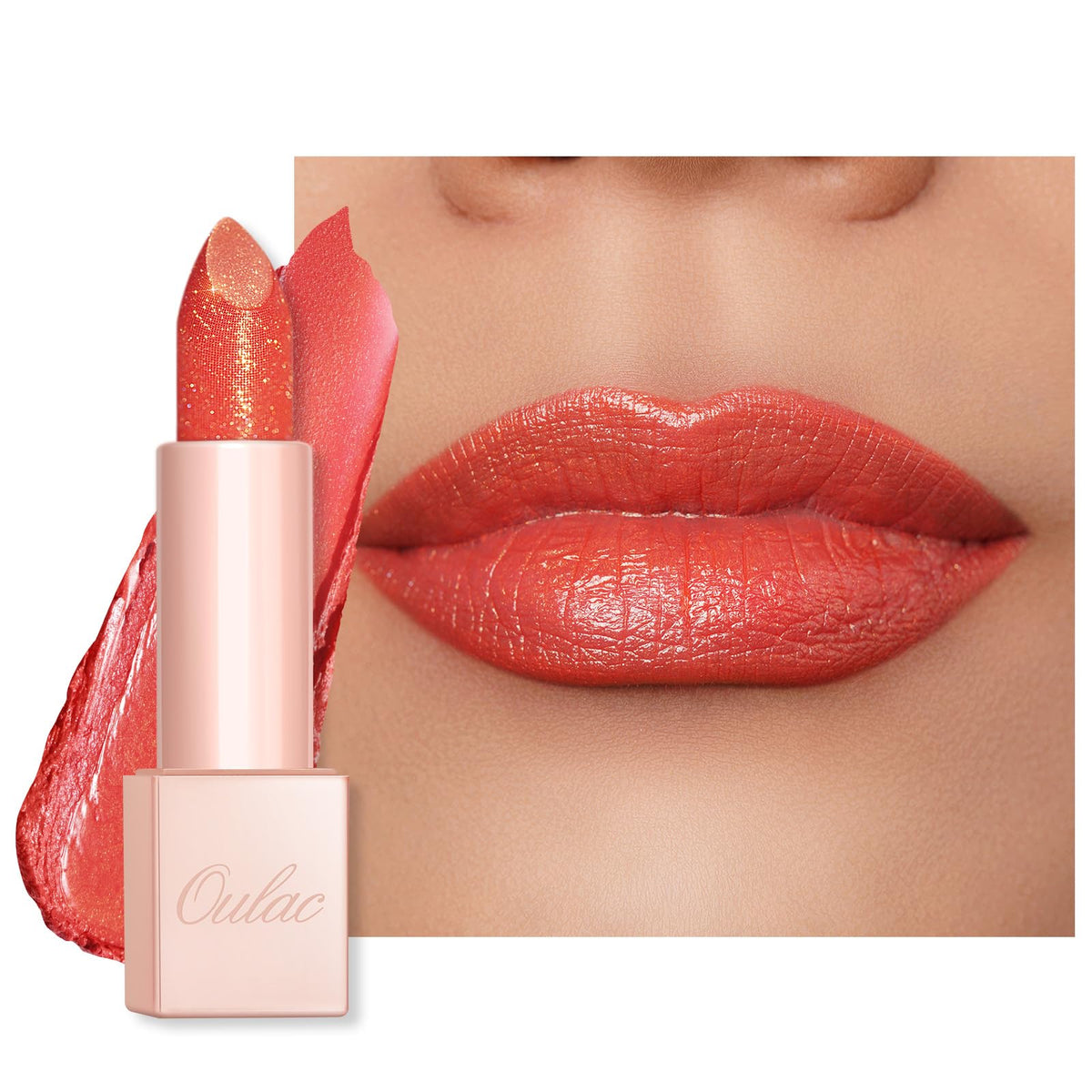 Oulac lipstick tube front view showing coral shade and neat packaging benefit: easy recognition