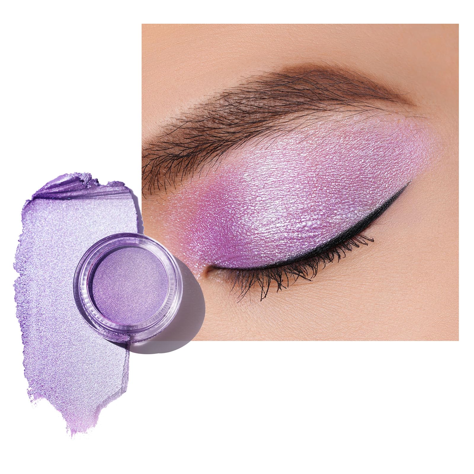 Oulac front view of purple cream eyeshadow shows compact design and label benefit