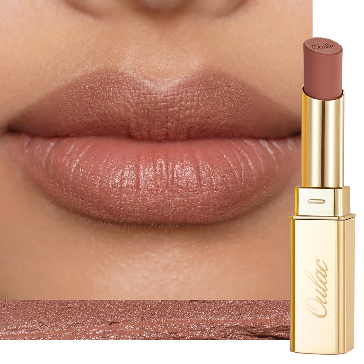 Oulac lipstick tube front view showing sleek packaging and easy application benefit