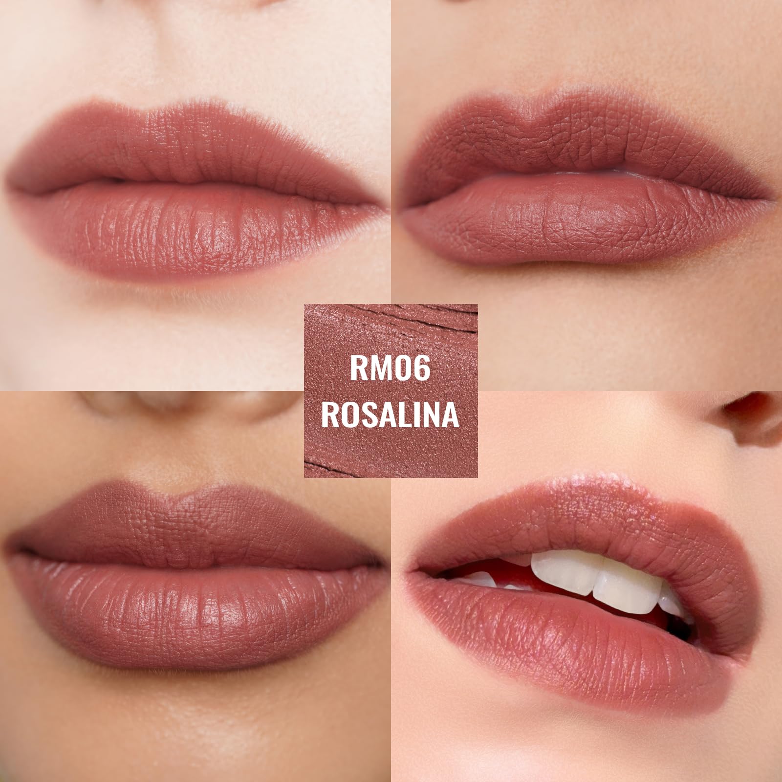 Oulac lip swatch in studio lighting showing pink nude finish, benefits flattering wear