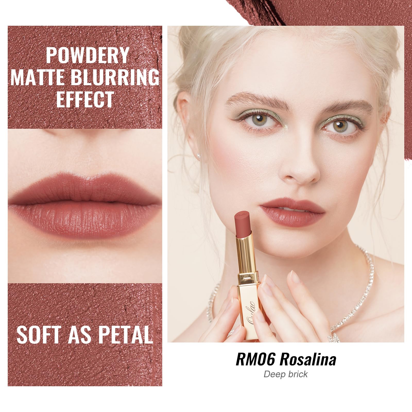 Oulac lipstick open twist-up bullet displaying creamy tip, benefits smooth application