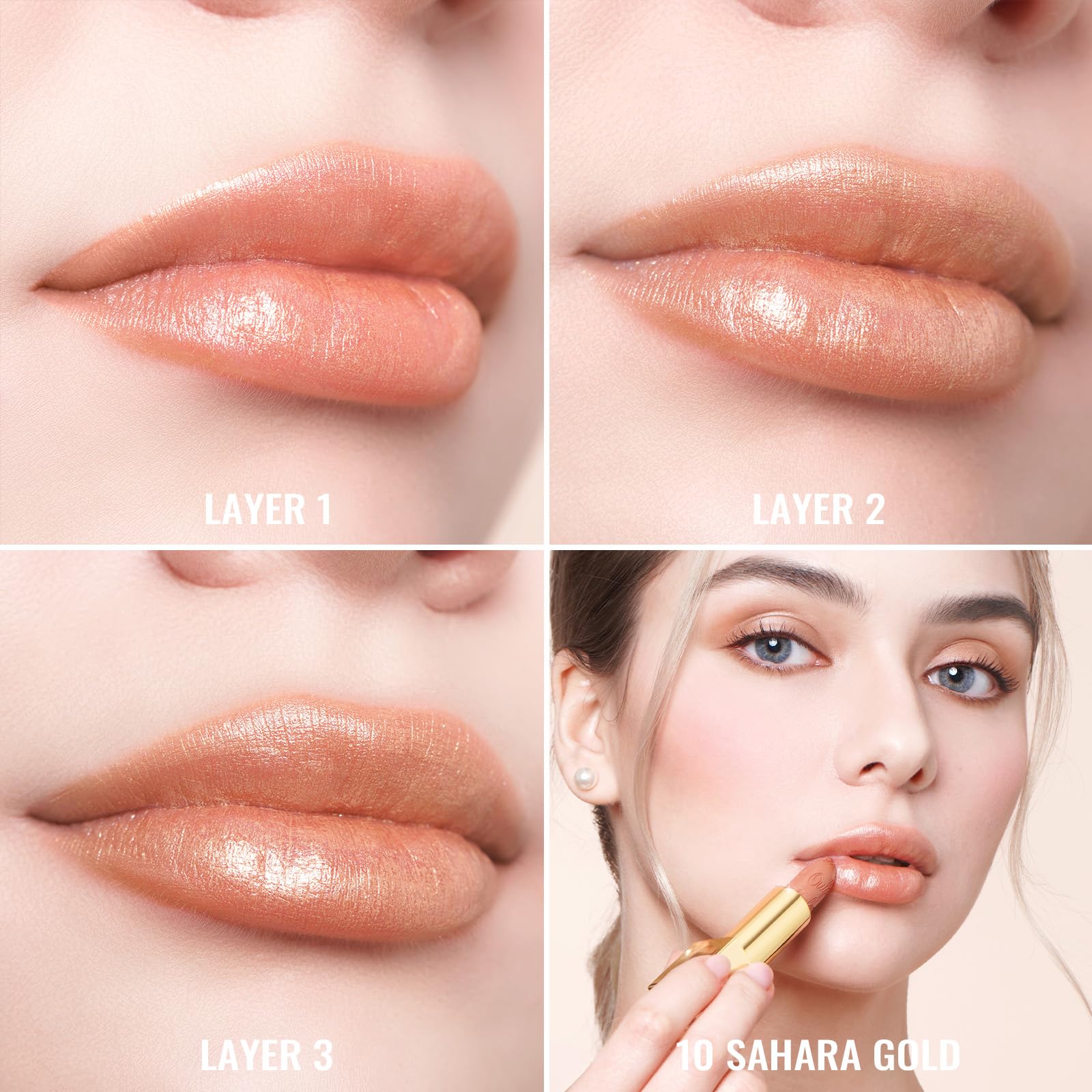 Oulac Sahara Gold worn on lips in lifestyle shot showing wearable glam benefit