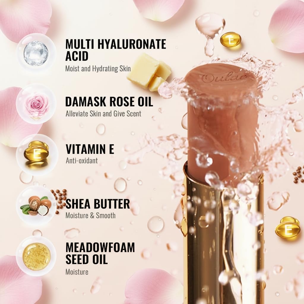 close-up texture of Oulac lipstick showing creamy finish and moisturizing feel