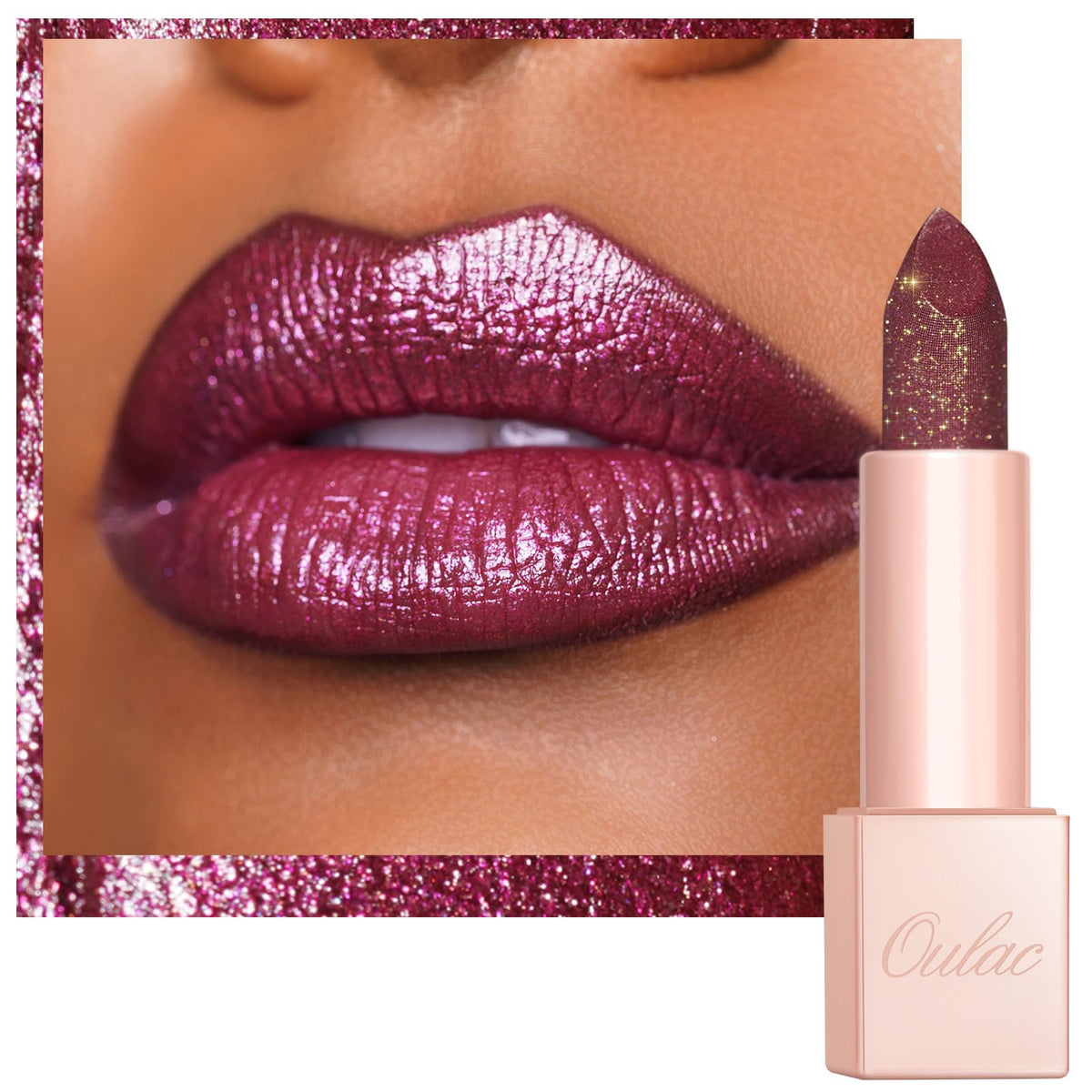 Oulac shimmer purple front packaging showing shade and shine