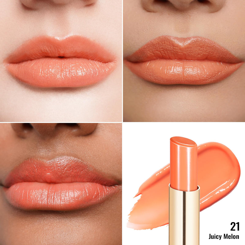 Oulac applied on lips demonstrating juicy coral-orange shine and flattering color payoff