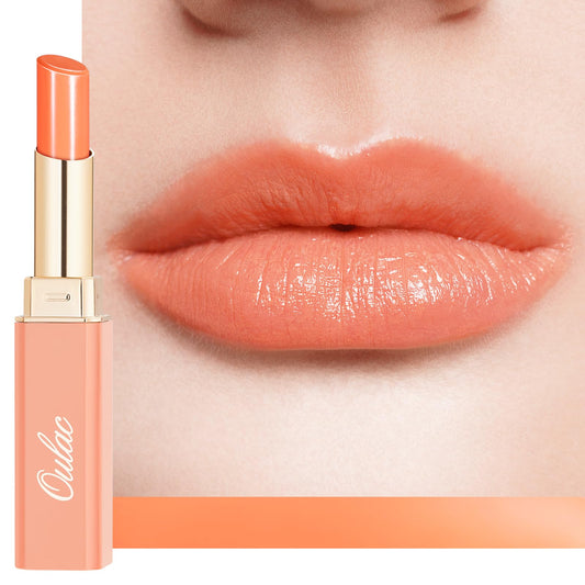 Oulac front packaging showing vibrant coral shade and compact tube, great for travel