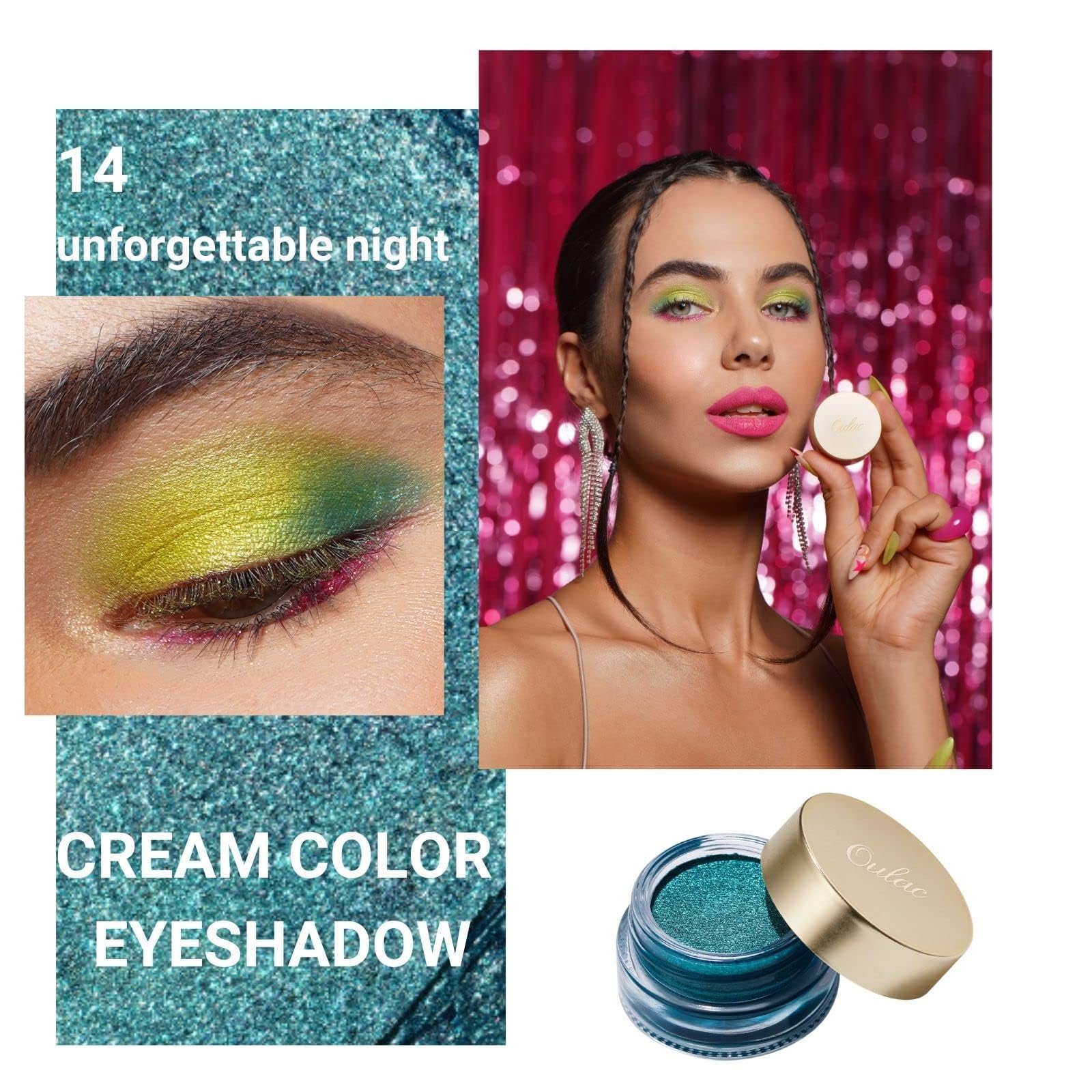 Oulac cream eyeshadow texture close-up revealing smooth glittery finish benefits