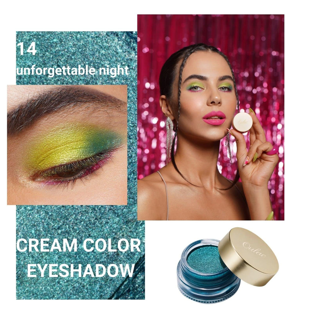 Oulac cream eyeshadow texture close-up revealing smooth glittery finish benefits
