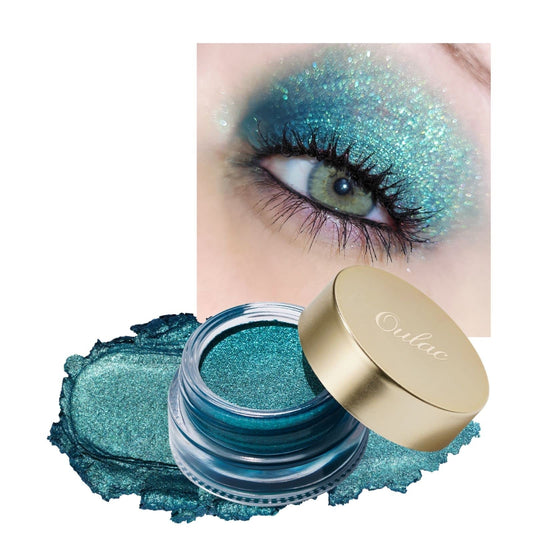 Oulac compact front view showing vibrant teal glitter and packaging benefits