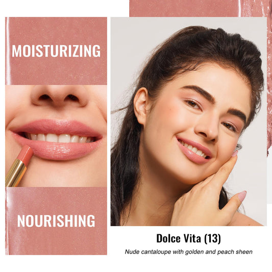 close-up texture sheen of Oulac lipstick highlighting smooth spreadability benefit