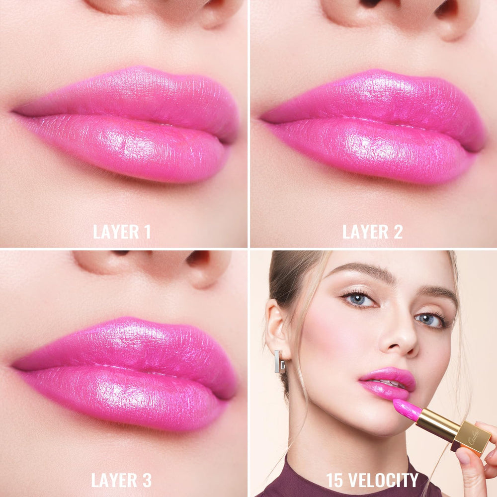 Oulac pink lipstick swatch on arm demonstrating vivid pigment payoff