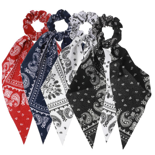 Ouligay front view of four multicolored bow scrunchies, shows variety and fashion