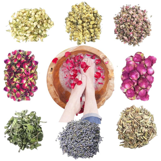OULIGET front packaging showing all eight botanical soak bags and contents benefit relaxation