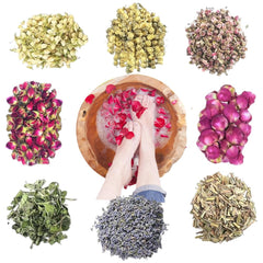 OULIGET front packaging showing all eight botanical soak bags and contents benefit relaxation