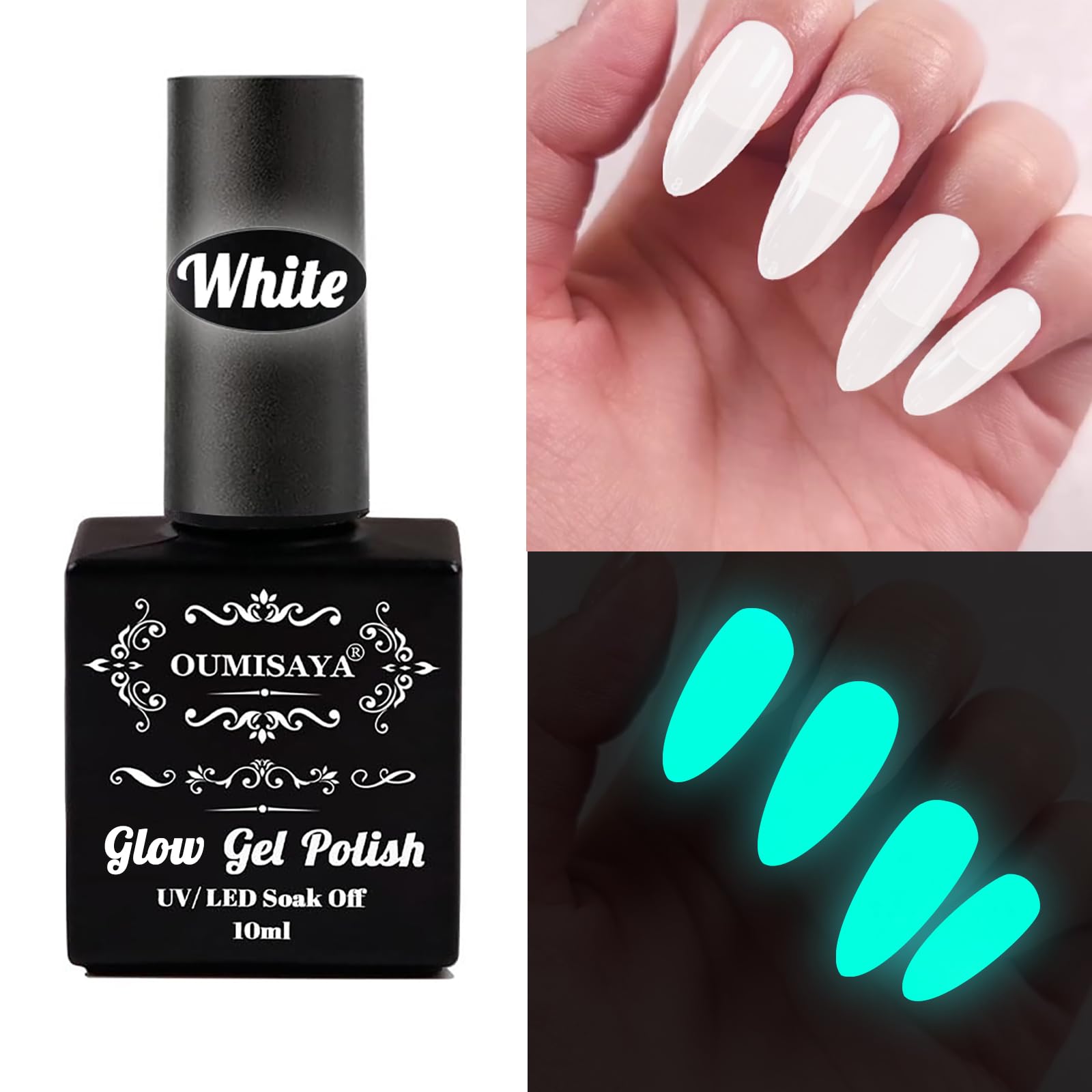 Oumisaya on-model nails glowing aqua after UV charge, dramatic night effect