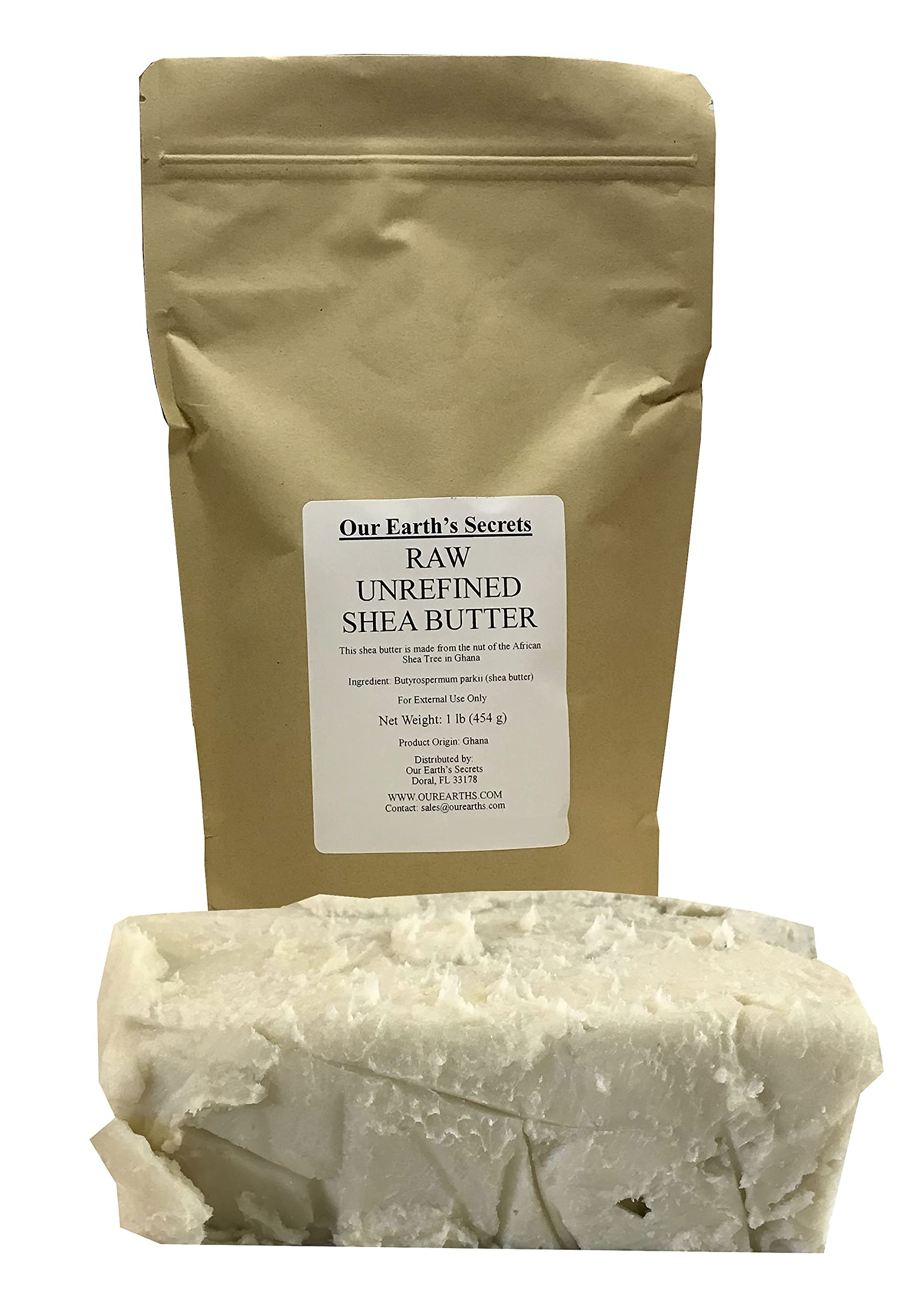 Our Earth's Secrets front view of 1 lb ivory raw shea butter showing label and block, convenient supply