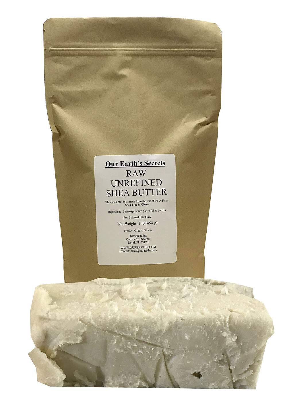Our Earth's Secrets front view of 1 lb ivory raw shea butter showing label and block, convenient supply