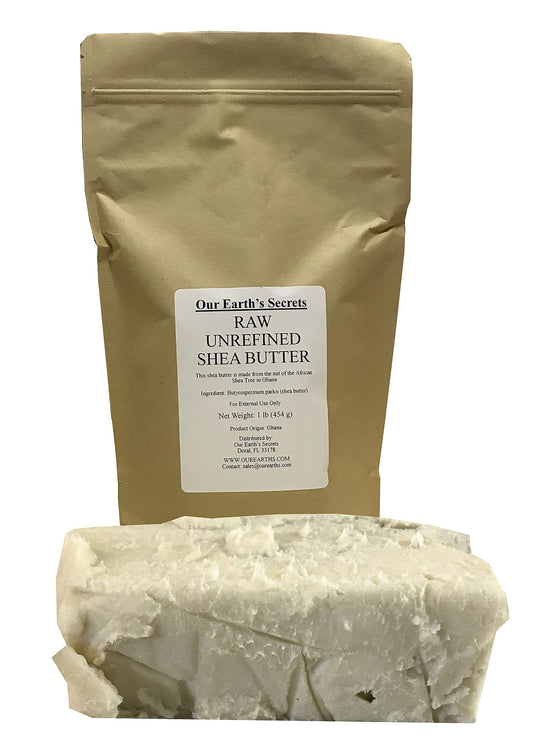 Our Earth's Secrets front view of 1 lb ivory raw shea butter showing label and block, convenient supply