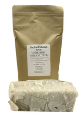 Our Earth's Secrets front view of 1 lb ivory raw shea butter showing label and block, convenient supply