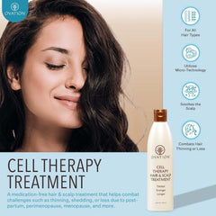 Ovation Hair pump and label close-up highlighting ingredients and clarity