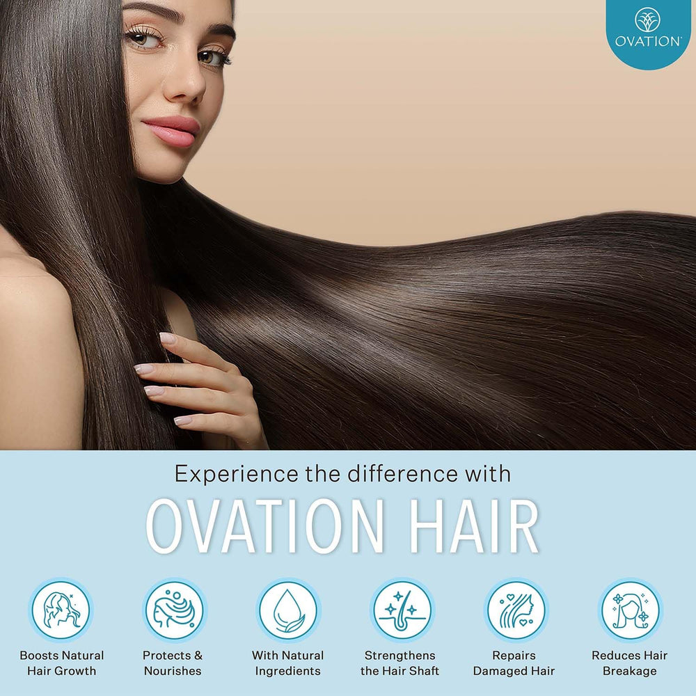 Ovation Hair bottle in hand showing product size and travel-friendly design