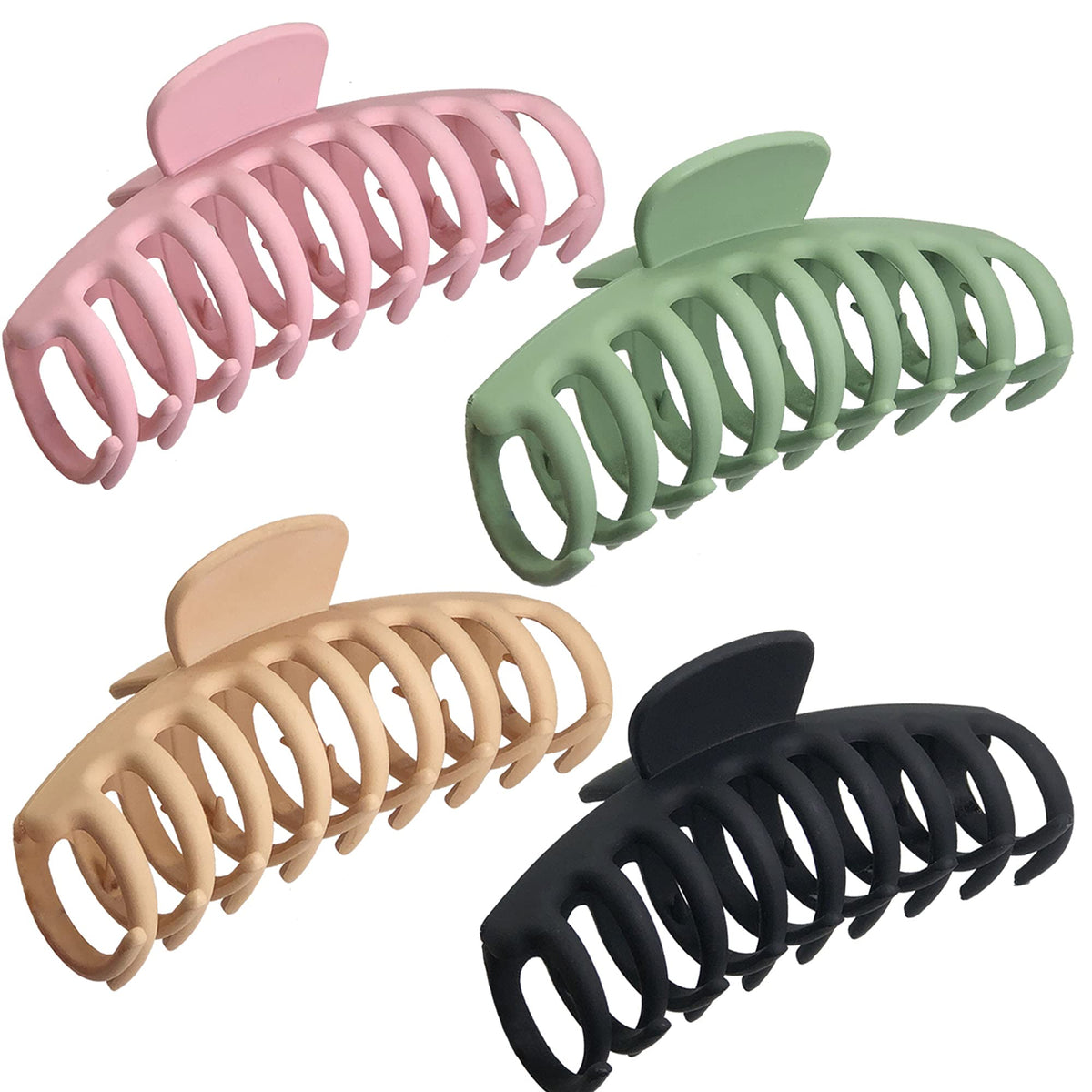 OWIIZI front view of four matte large claw clips showing colors and packaging, durable benefit