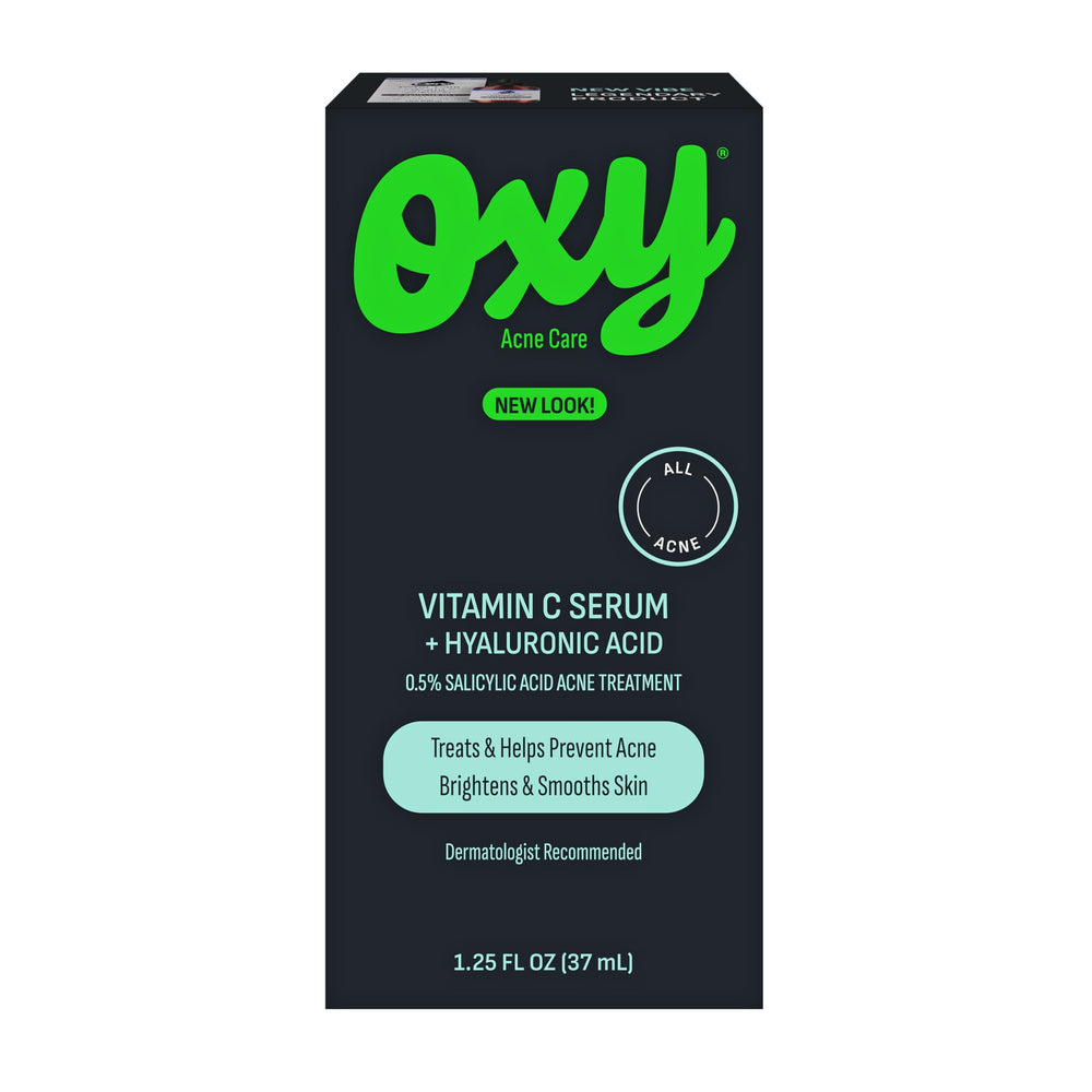 Oxy front packaging showing bottle and label for clear skin benefits