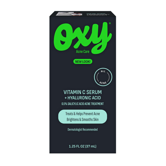 Oxy front packaging showing bottle and label for clear skin benefits