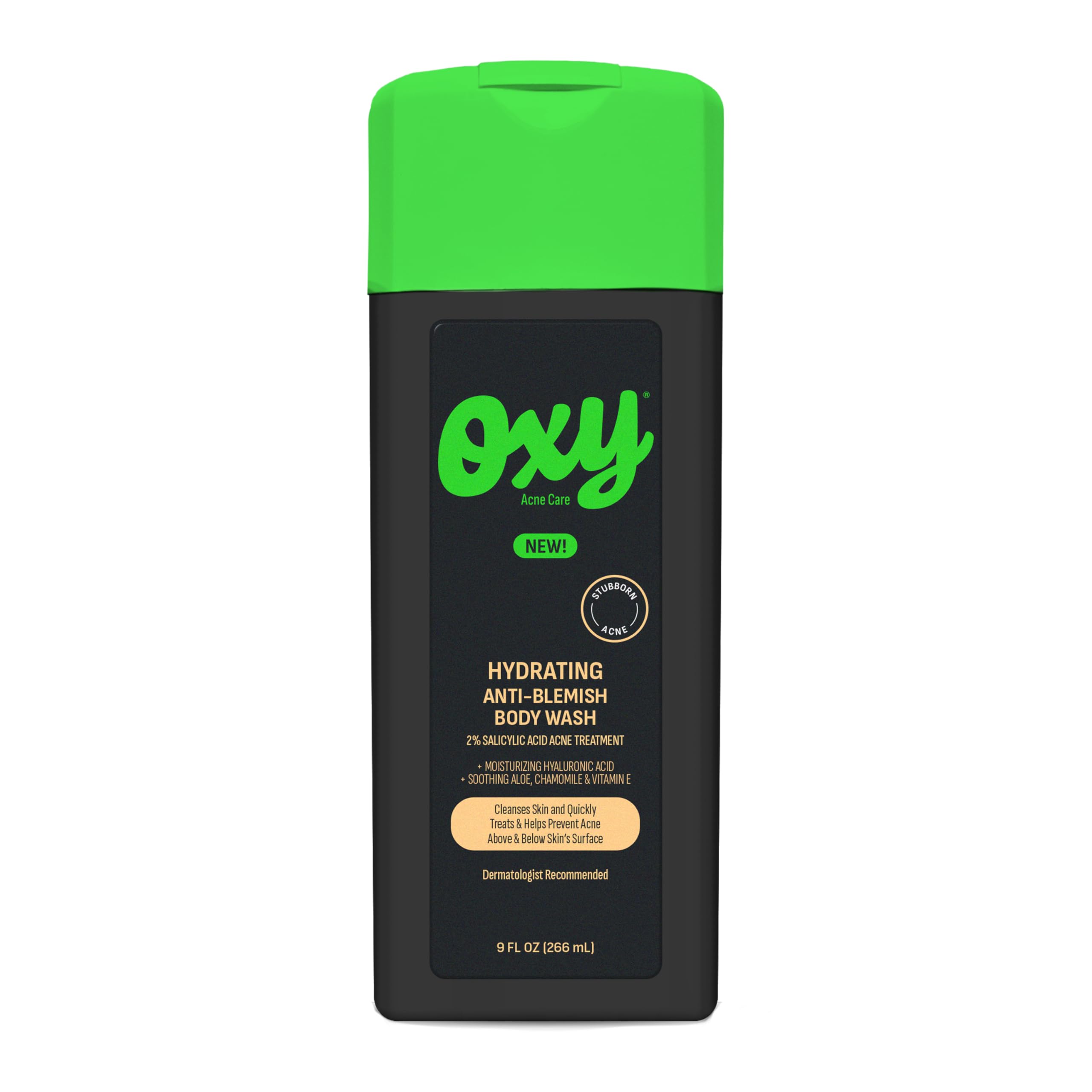 Oxy front packaging showing bottle and clear acne-care benefits