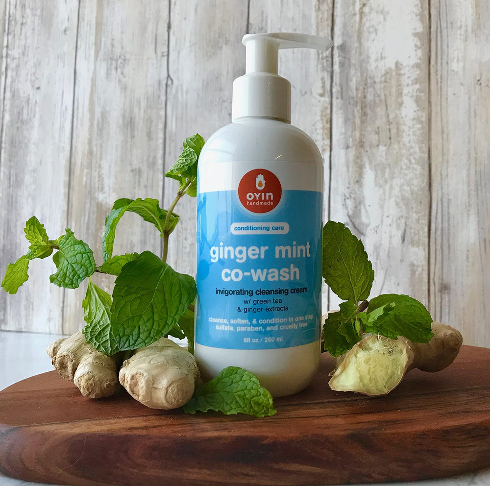 Oyin Handmade ginger mint co-wash creamy texture close-up illustrating rich conditioning and easy glide