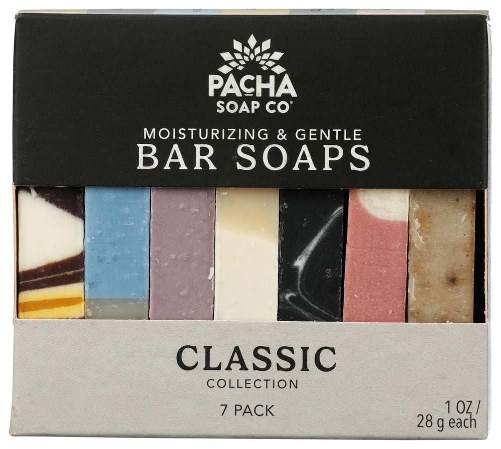 Pacha Soap Co front packaging showing 7 oz bar, gentle cleansing and ethical sourcing