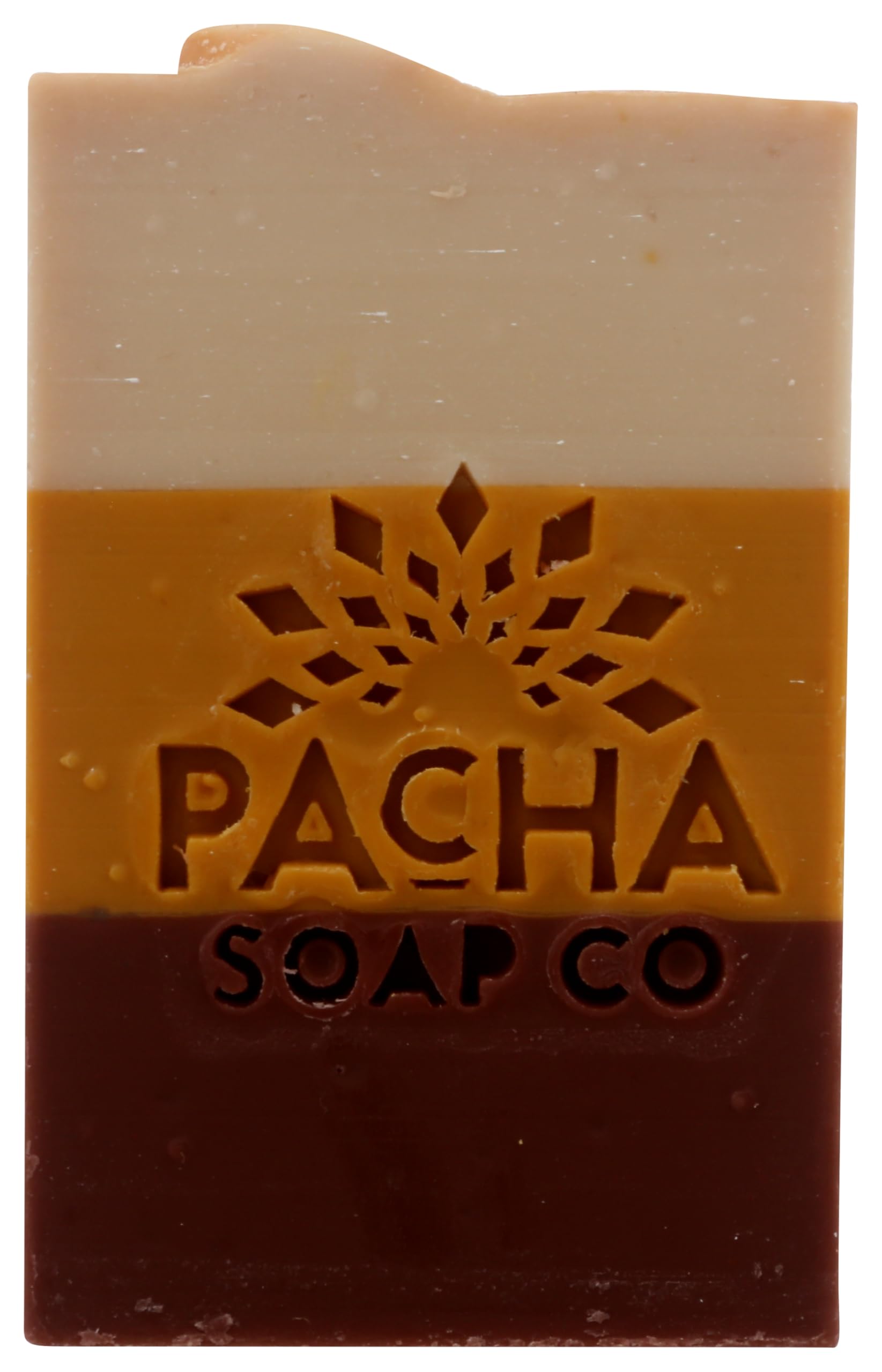Pacha Soap Co frankincense myrrh bar front view showing size and label, enhances daily care