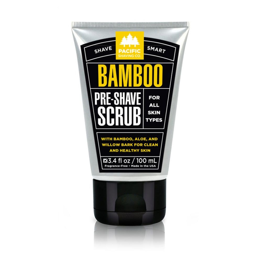 Pacific Shaving Company front packaging showing bamboo pre-shave scrub benefits