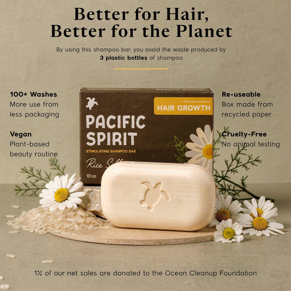 Pacific Spirit product label showing rice extract, caffeine, and vitamin B5 benefits