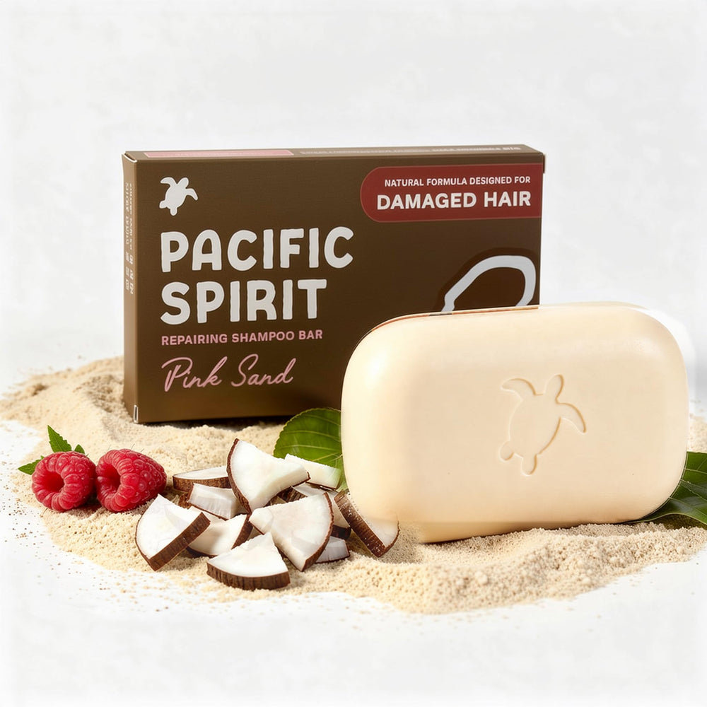 Pacific Spirit front packaging showing solid shampoo and benefits