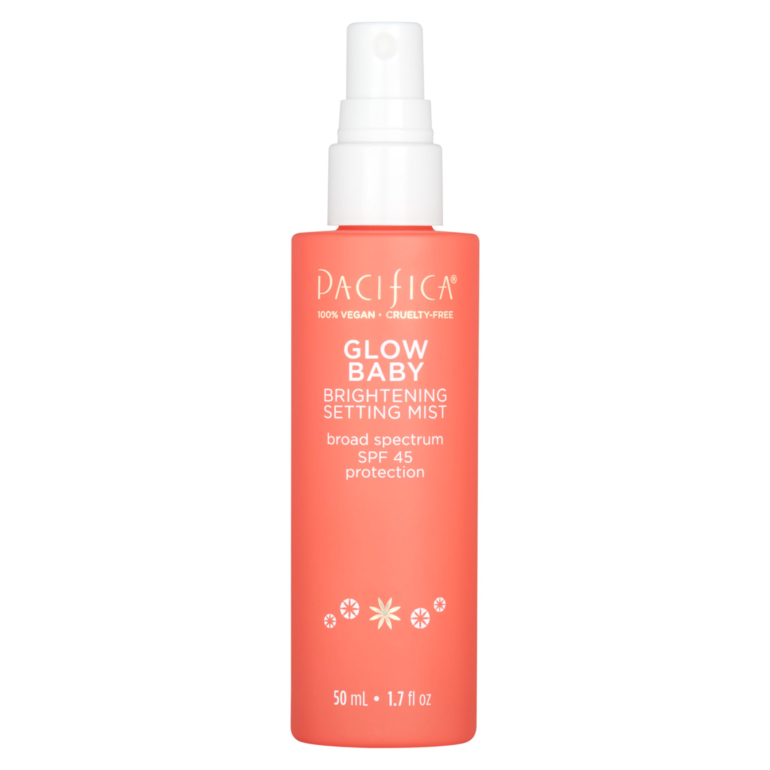 Pacifica mist being sprayed over makeup on model to show no smudging and setting benefit