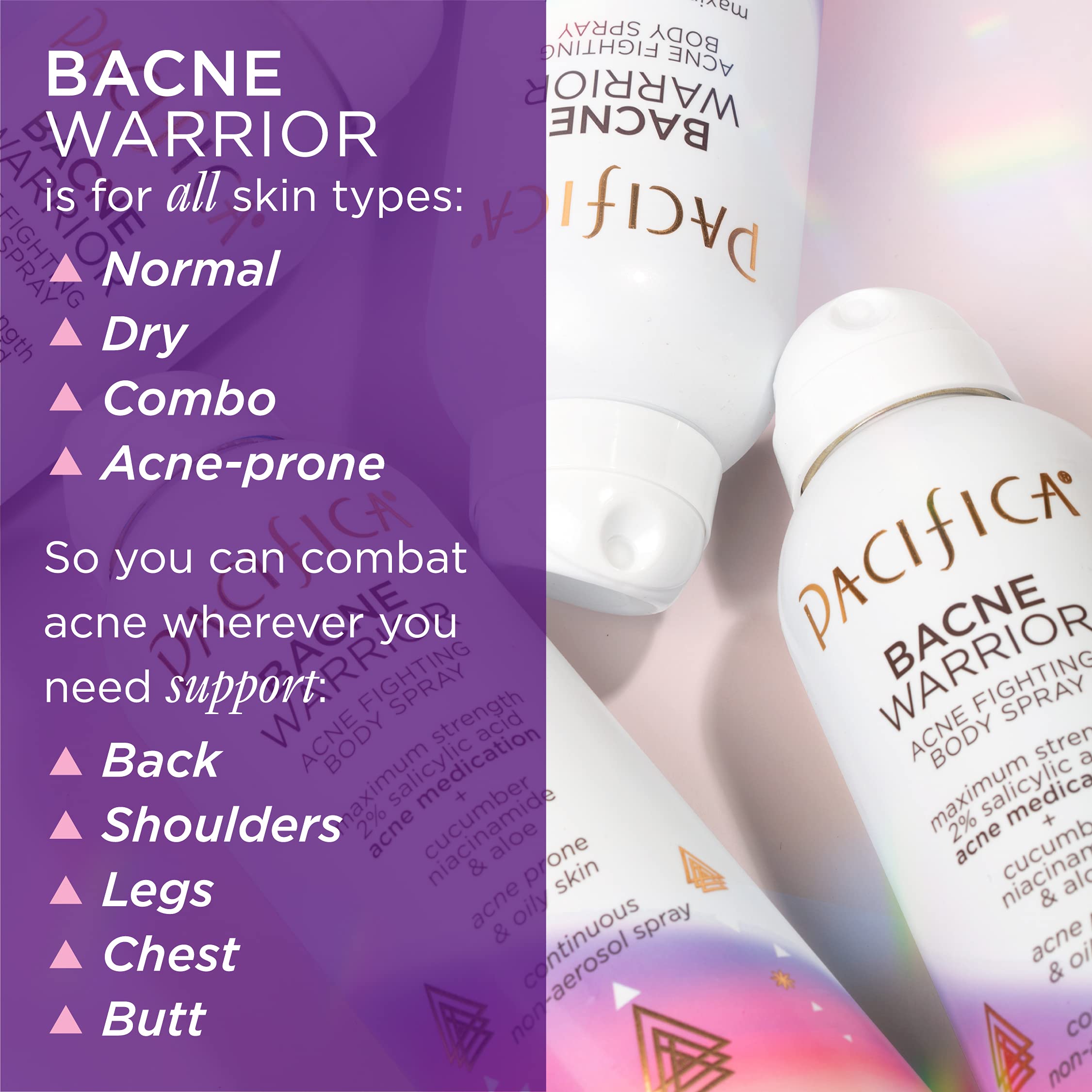 Pacifica Bacne Warrior ingredient label highlighting 2% salicylic acid and niacinamide benefits